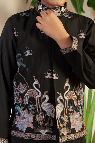 Magic Black Embroidered Koti Kurta Set For Boys