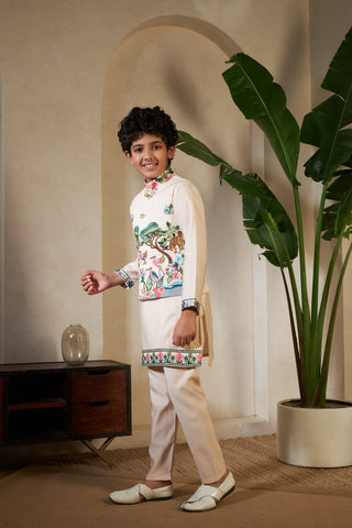 Beige Viscose Silk Embroidered Kurta with Koti Set for Kids