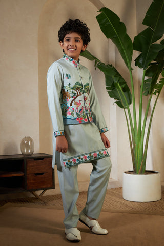 Kids Pista Viscose Silk Kurta Set with Embroidered Koti