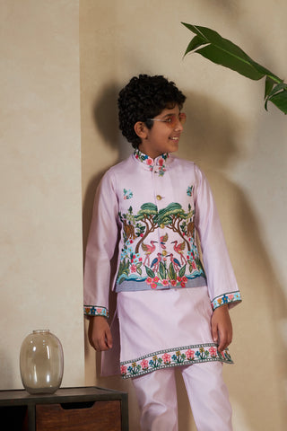 Traditional Lavender Viscose Silk Kurta with Koti for Boys
