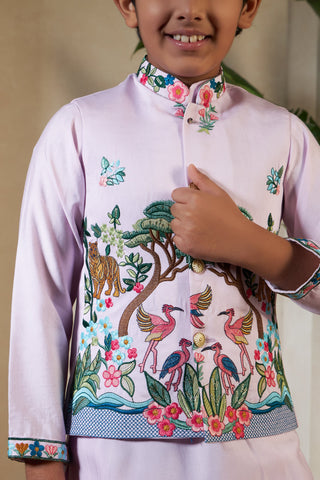 Traditional Lavender Viscose Silk Kurta with Koti for Boys