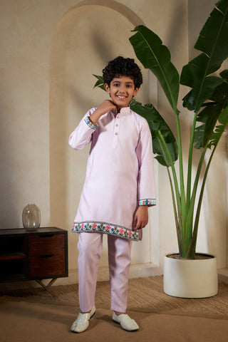Traditional Lavender Viscose Silk Kurta with Koti for Boys