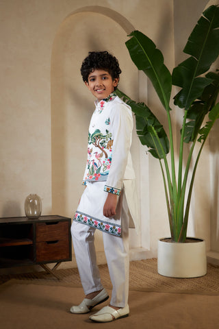 White Viscose Silk Embroidered Kurta with Koti Set for Boys