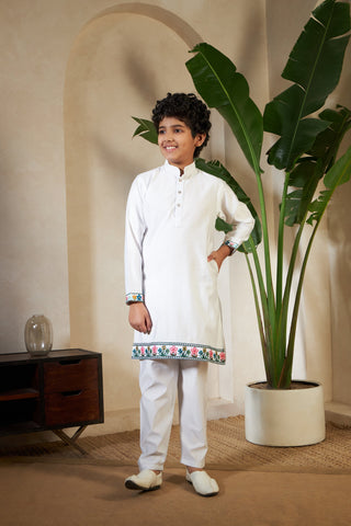 White Viscose Silk Embroidered Kurta with Koti Set for Boys