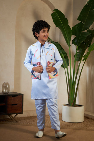 Sky Color Embroidered Carnival Kurta-Jacket Set for Boys