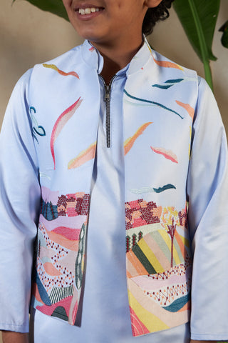 Sky Color Embroidered Carnival Kurta-Jacket Set for Boys