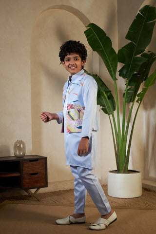 Sky Color Embroidered Carnival Kurta-Jacket Set for Boys