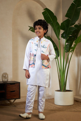 White Embroidered Carnival Kurta-Jacket Set for Boys