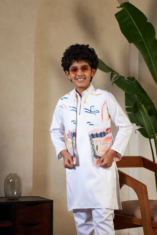 White Embroidered Carnival Kurta-Jacket Set for Boys
