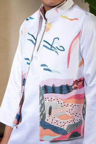 White Embroidered Carnival Kurta-Jacket Set for Boys