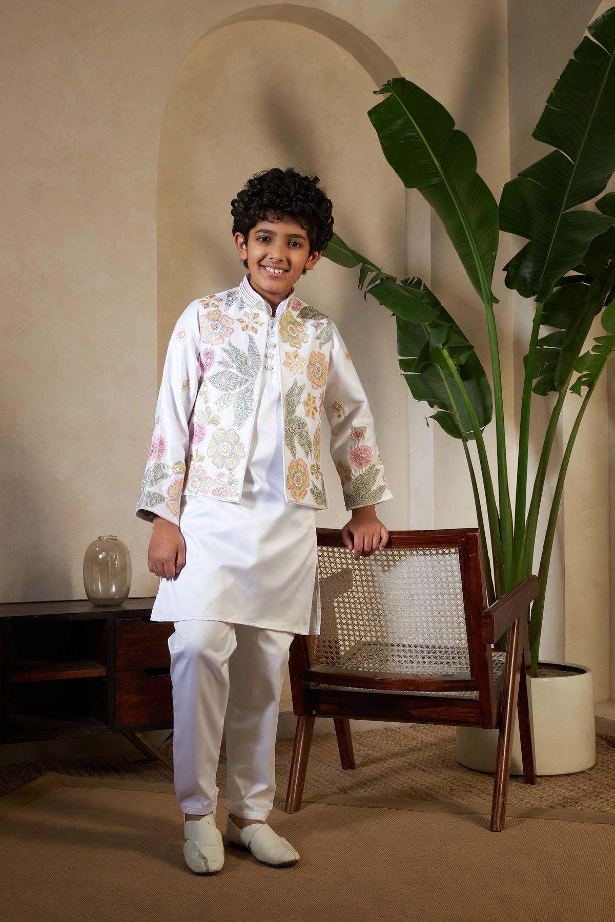 White Malai Satin Silk Embroidered Kurta with Jacket Set for Boys