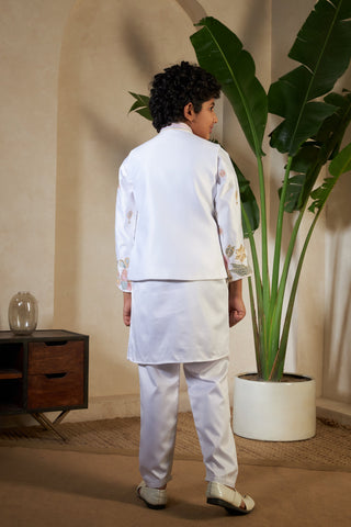 White Malai Satin Silk Embroidered Kurta with Jacket Set for Boys