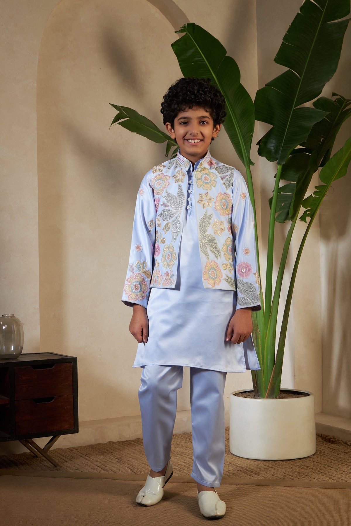 Sky Malai Satin Silk Embroidered Kurta with Jacket Set for Boys