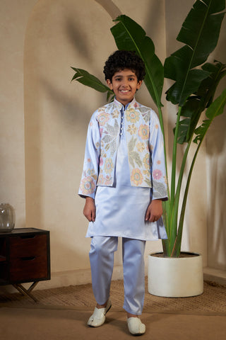 Sky Malai Satin Silk Embroidered Kurta with Jacket Set for Boys