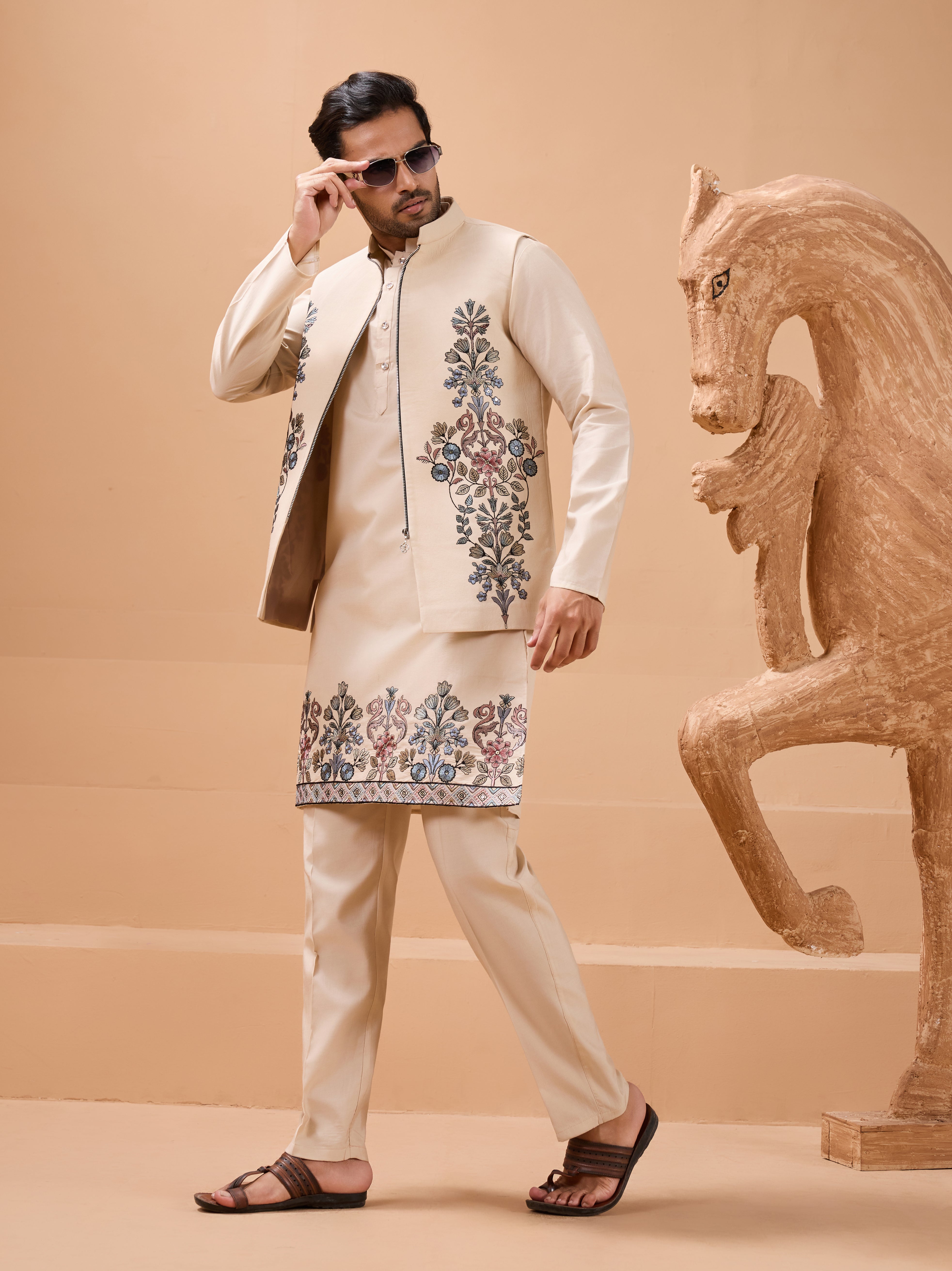 Tendy Beige Wedding Special Koti Kurta Set for Mens Wear Color Koti Kurta Set Pair for Men Collection
