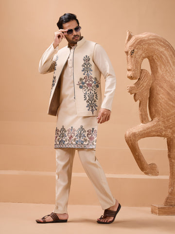 Tendy Beige Wedding Special Koti Kurta Set for Mens Wear Color Koti Kurta Set Pair for Men Collection
