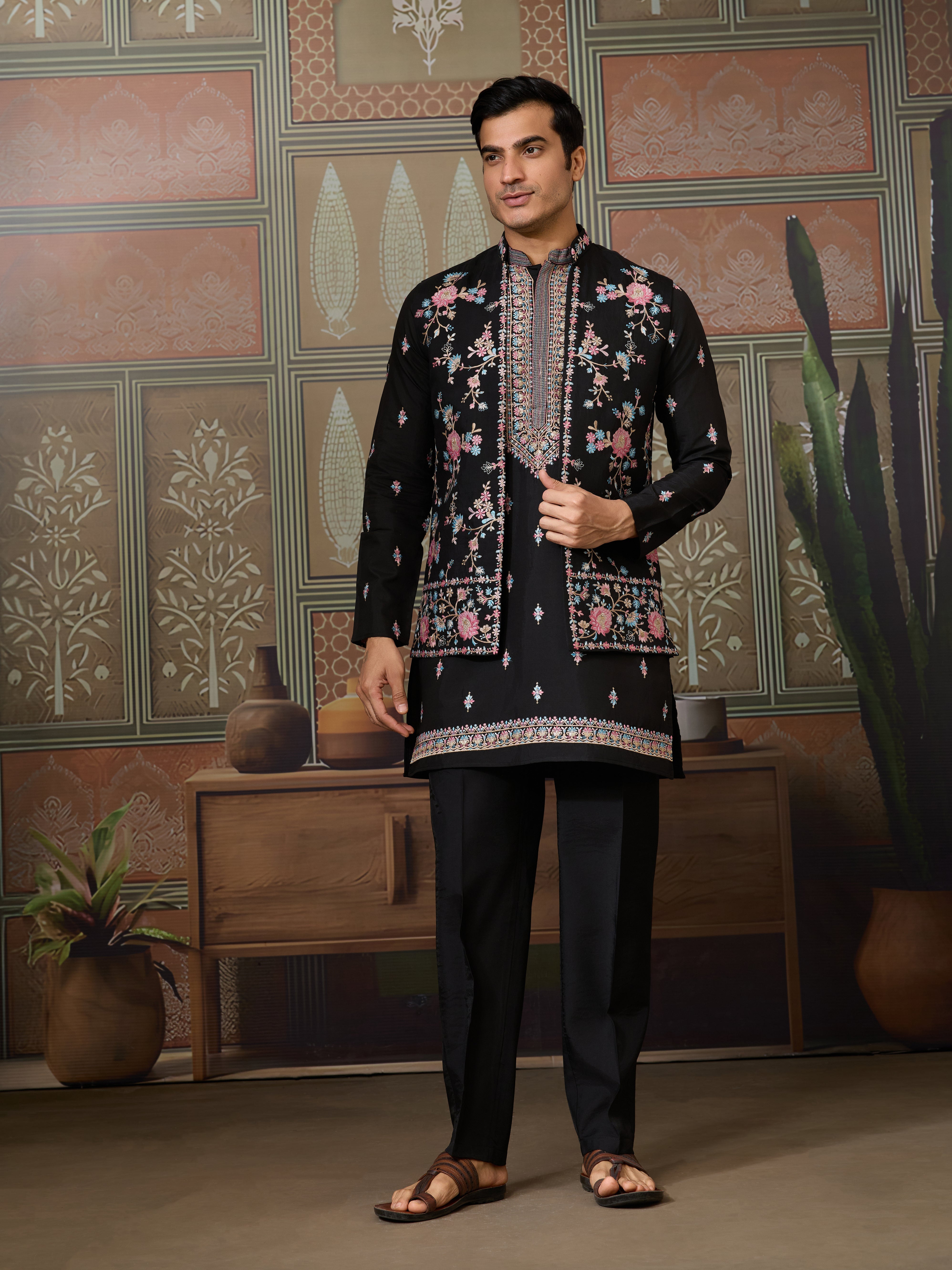 Black Mens Kurta with Stylish Koti for Wedding Wear
