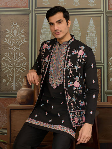 Black Mens Kurta with Stylish Koti for Wedding Wear

