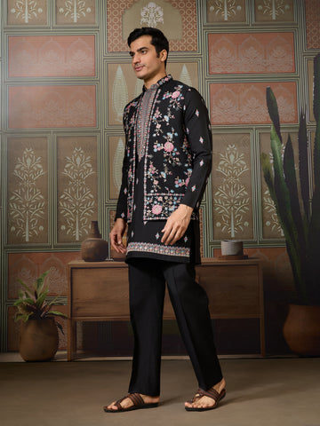 Black Mens Kurta with Stylish Koti for Wedding Wear
