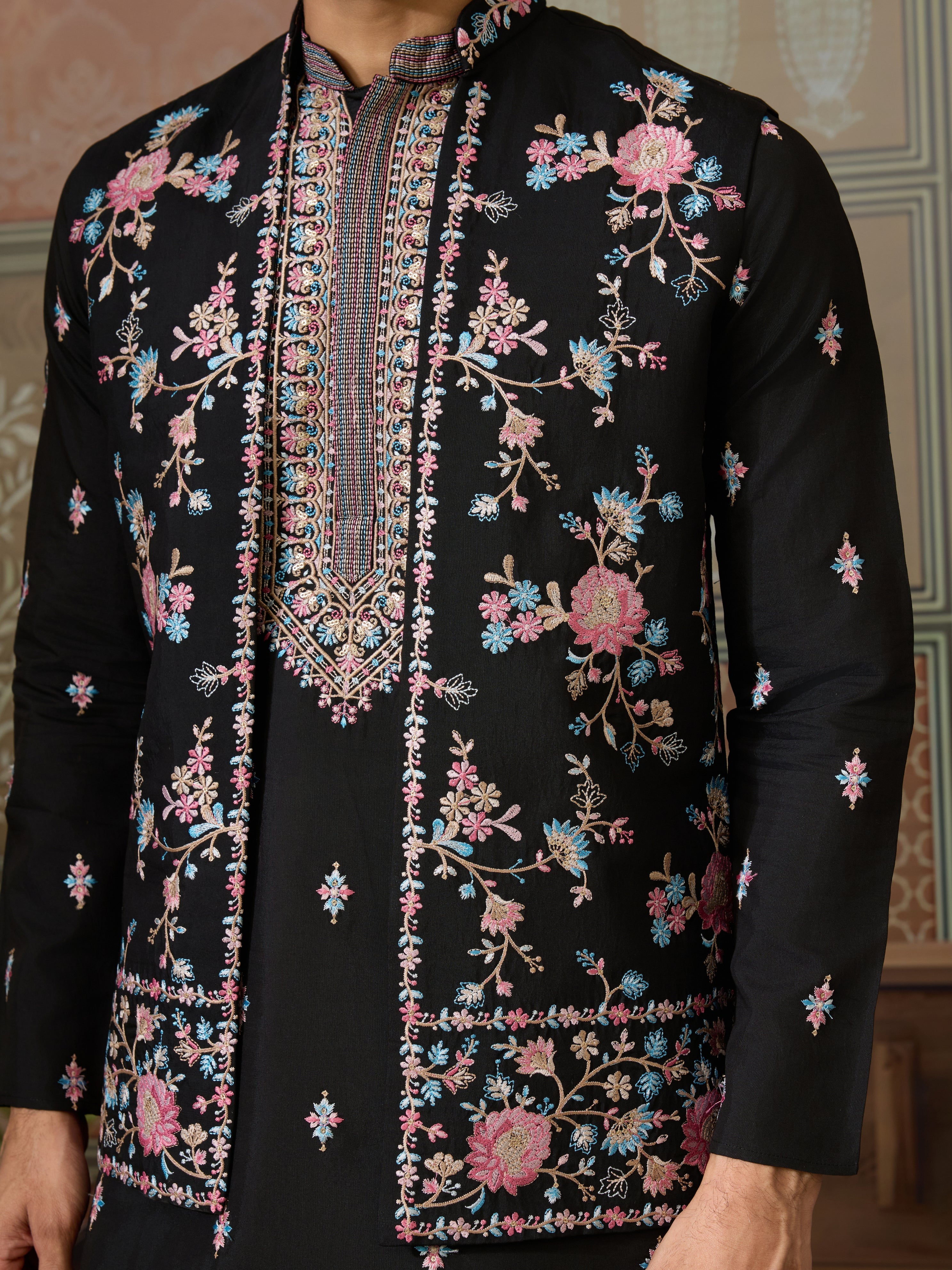 Black Mens Kurta with Stylish Koti for Wedding Wear
