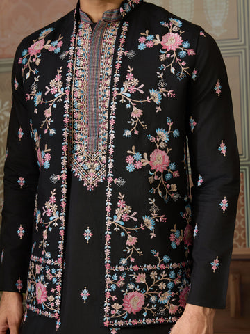 Black Mens Kurta with Stylish Koti for Wedding Wear
