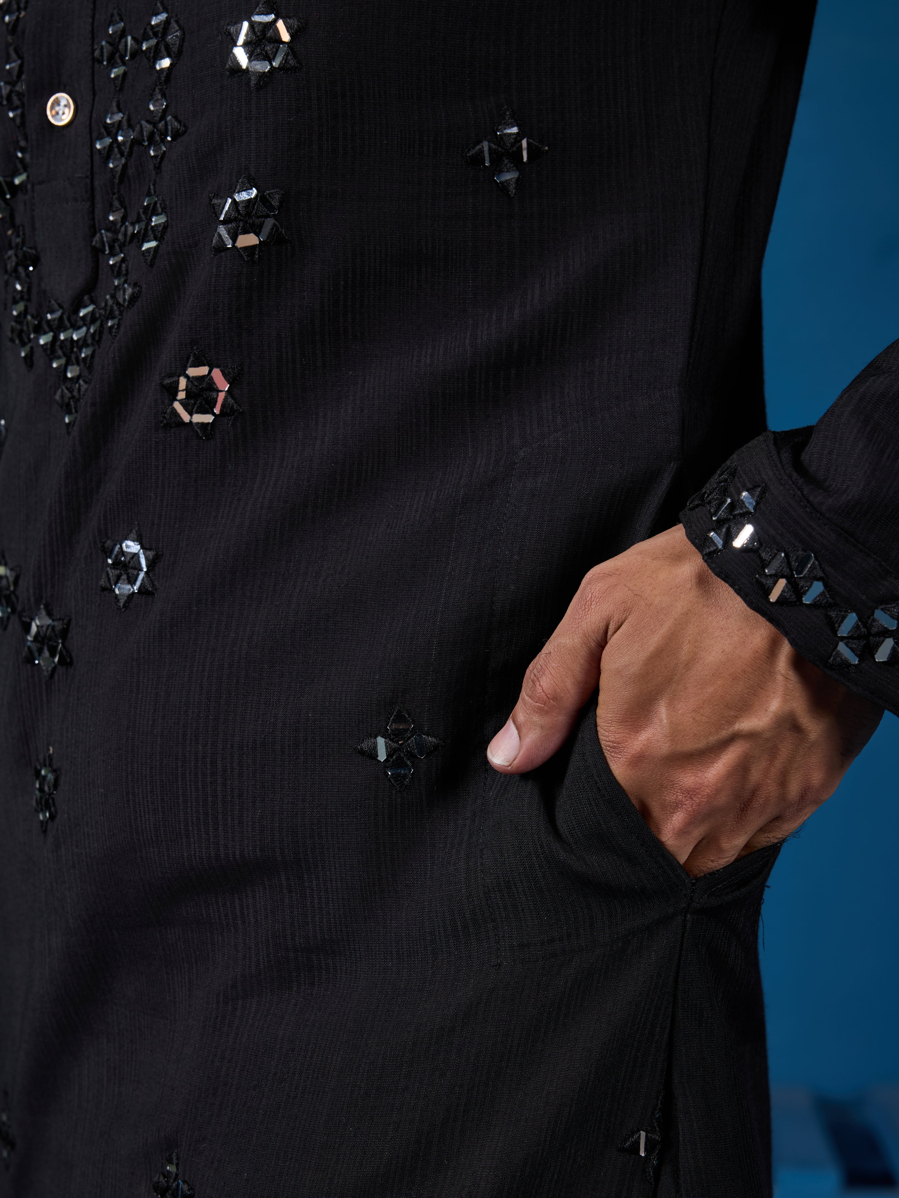 Classy Black Mirror Kurta Pant Wedding Outfit for Mens