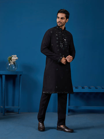 Classy Black Mirror Kurta Pant Wedding Outfit for Mens