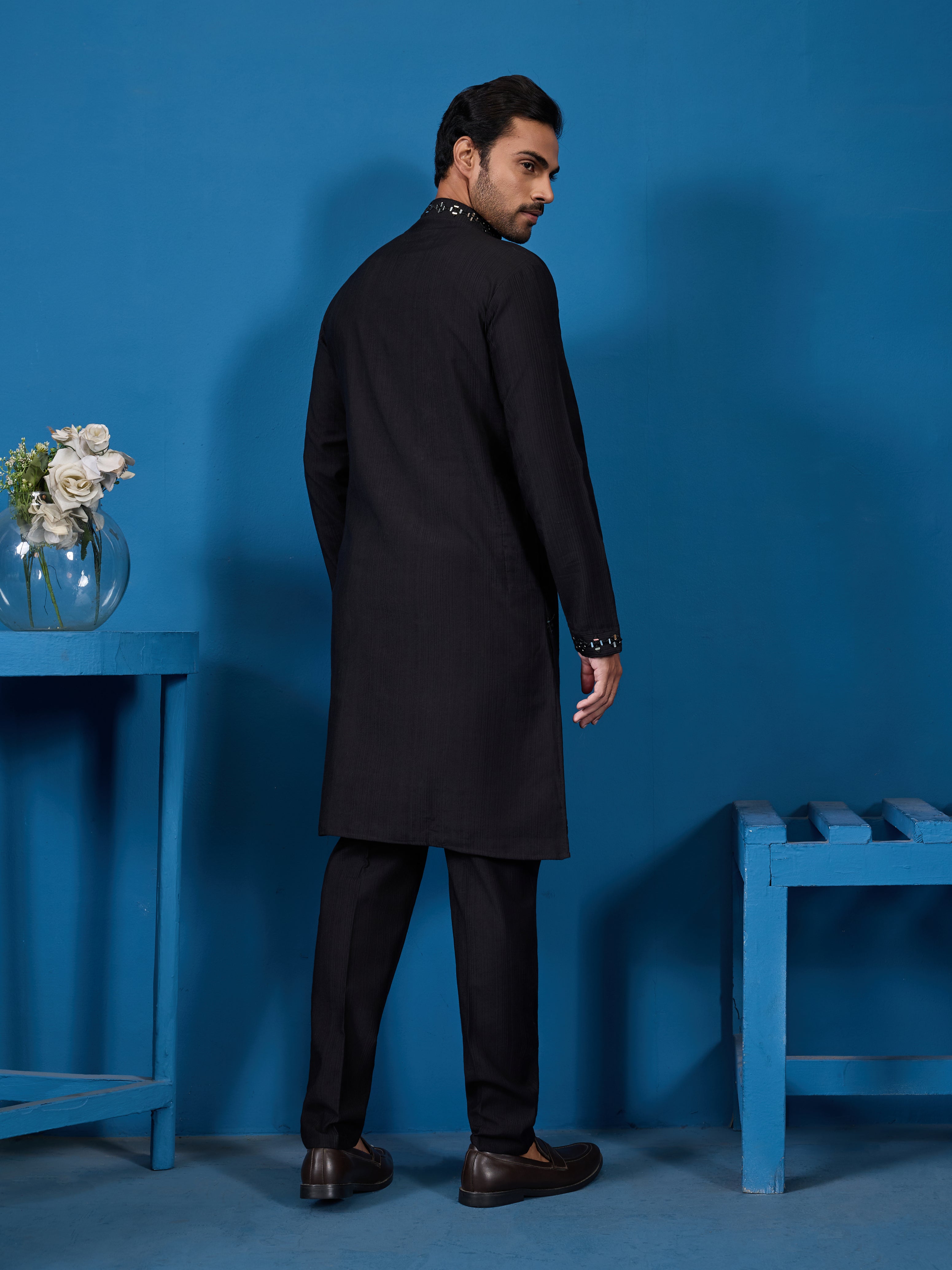 Classy Black Mirror Kurta Pant Wedding Outfit for Mens