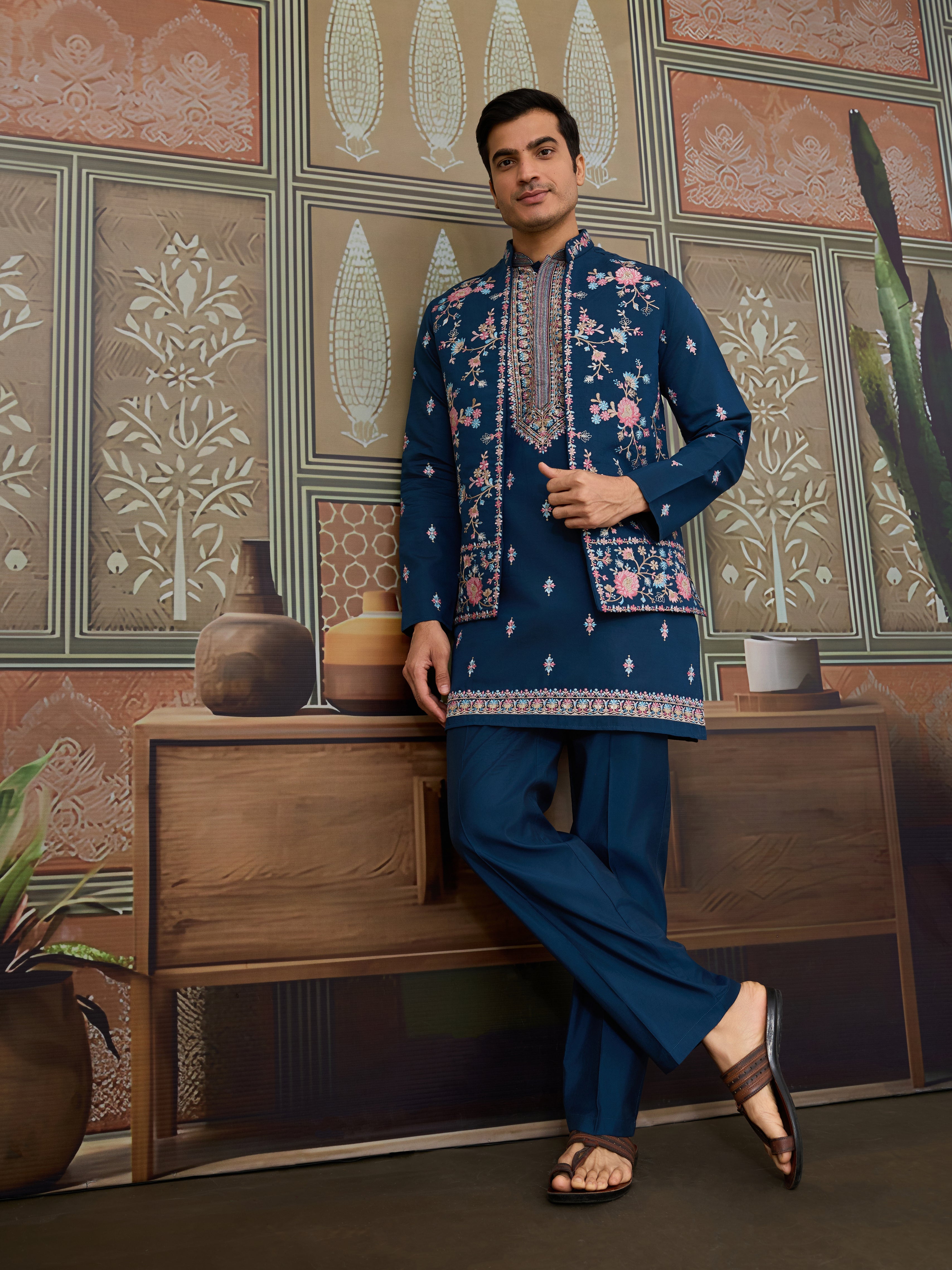 Modern Teal Blue Open Koti Kurta Set for Men
