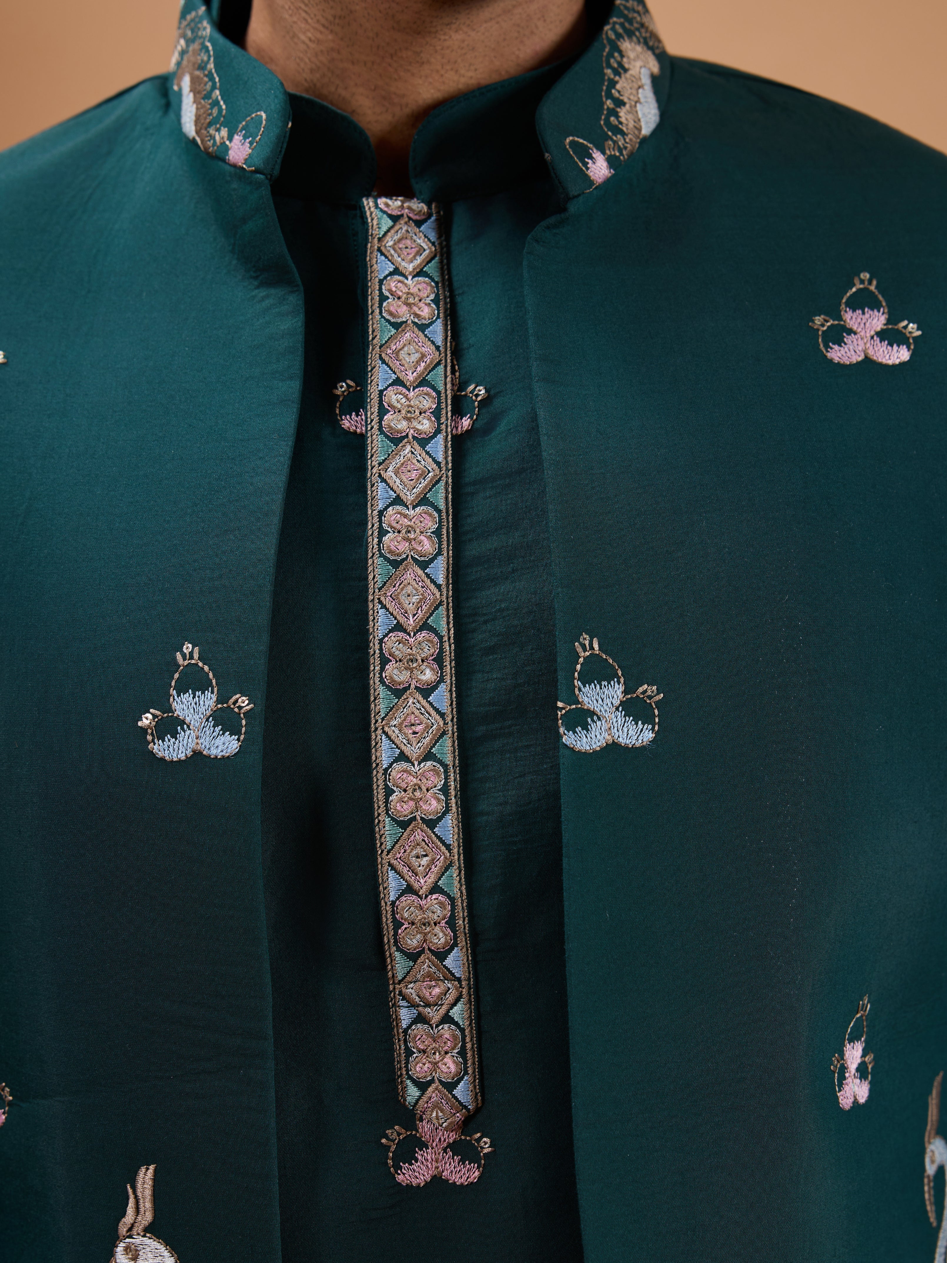 Green Color Embroidered and Sequence Mens Kurta Jacket and Pant Set