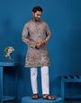Classy Grey Embroidered Mens Kurta for Wedding Events