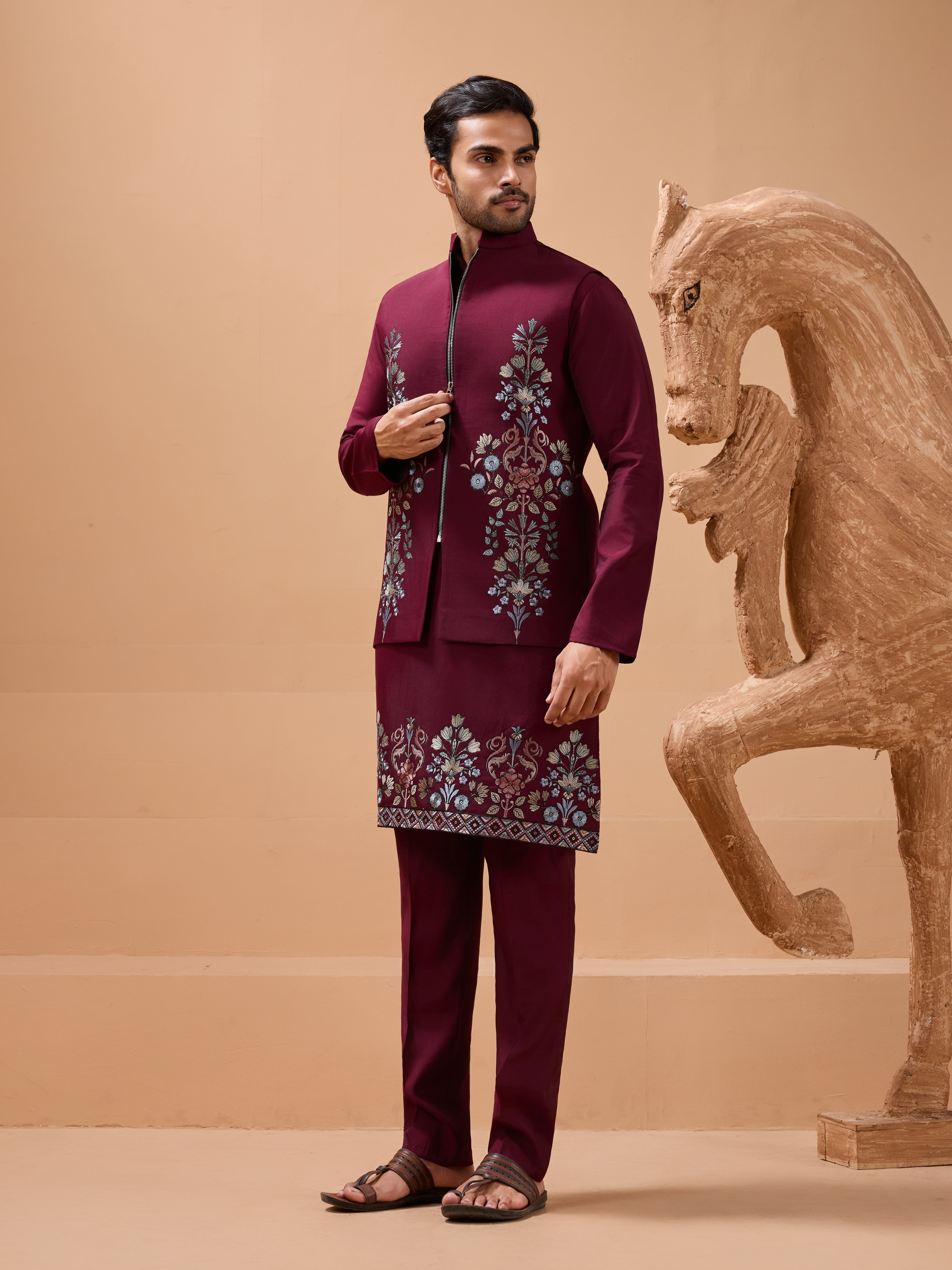 Maroon Color Traditional Special Koti Kurta Set for Men's Wear
