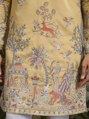 Yellow Viscose Silk Mens kurta for haldi ceremony