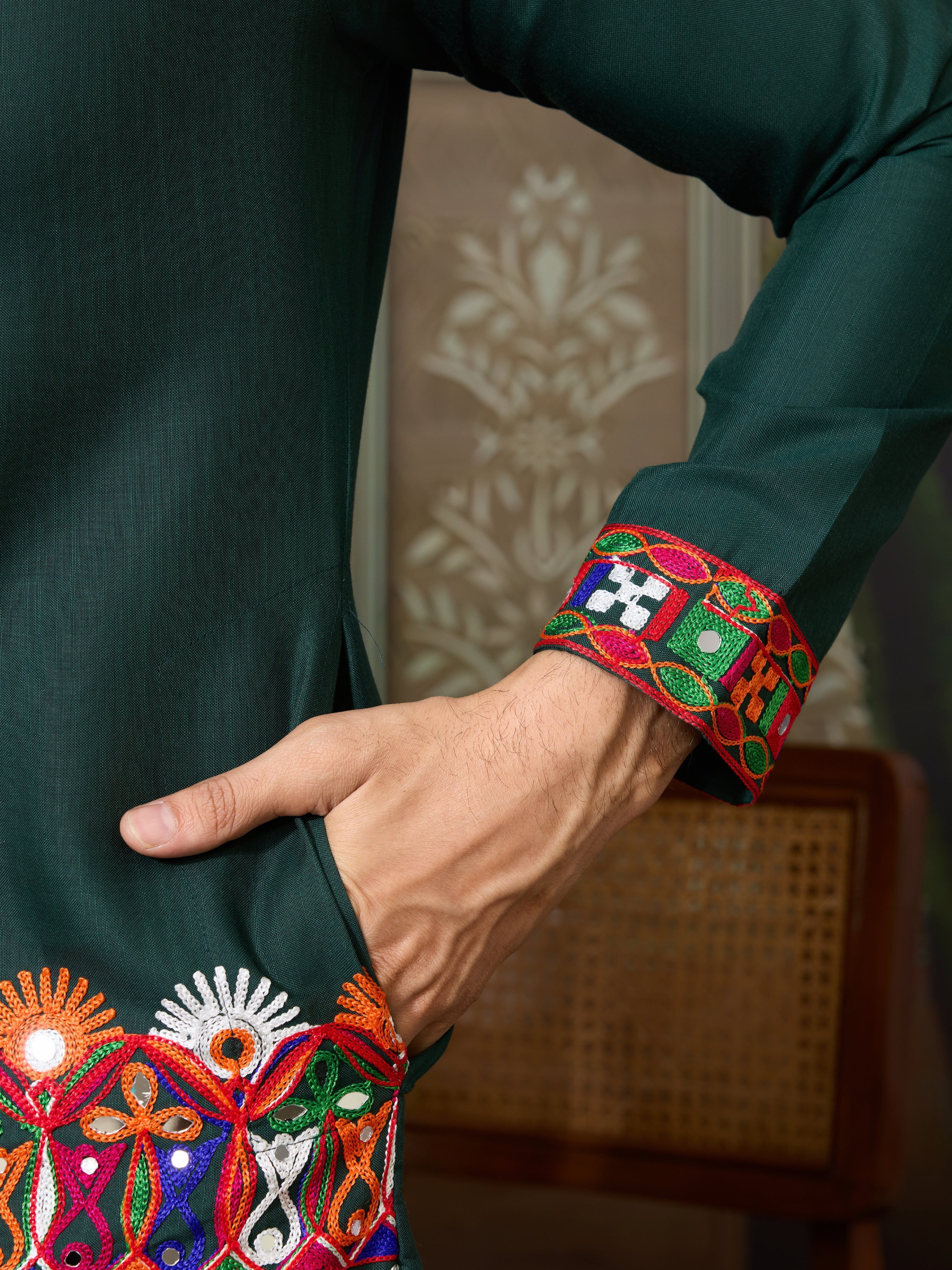 Navratri Style Green Cotton Readymade Kurta for Men

