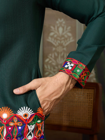 Navratri Style Green Cotton Readymade Kurta for Men
