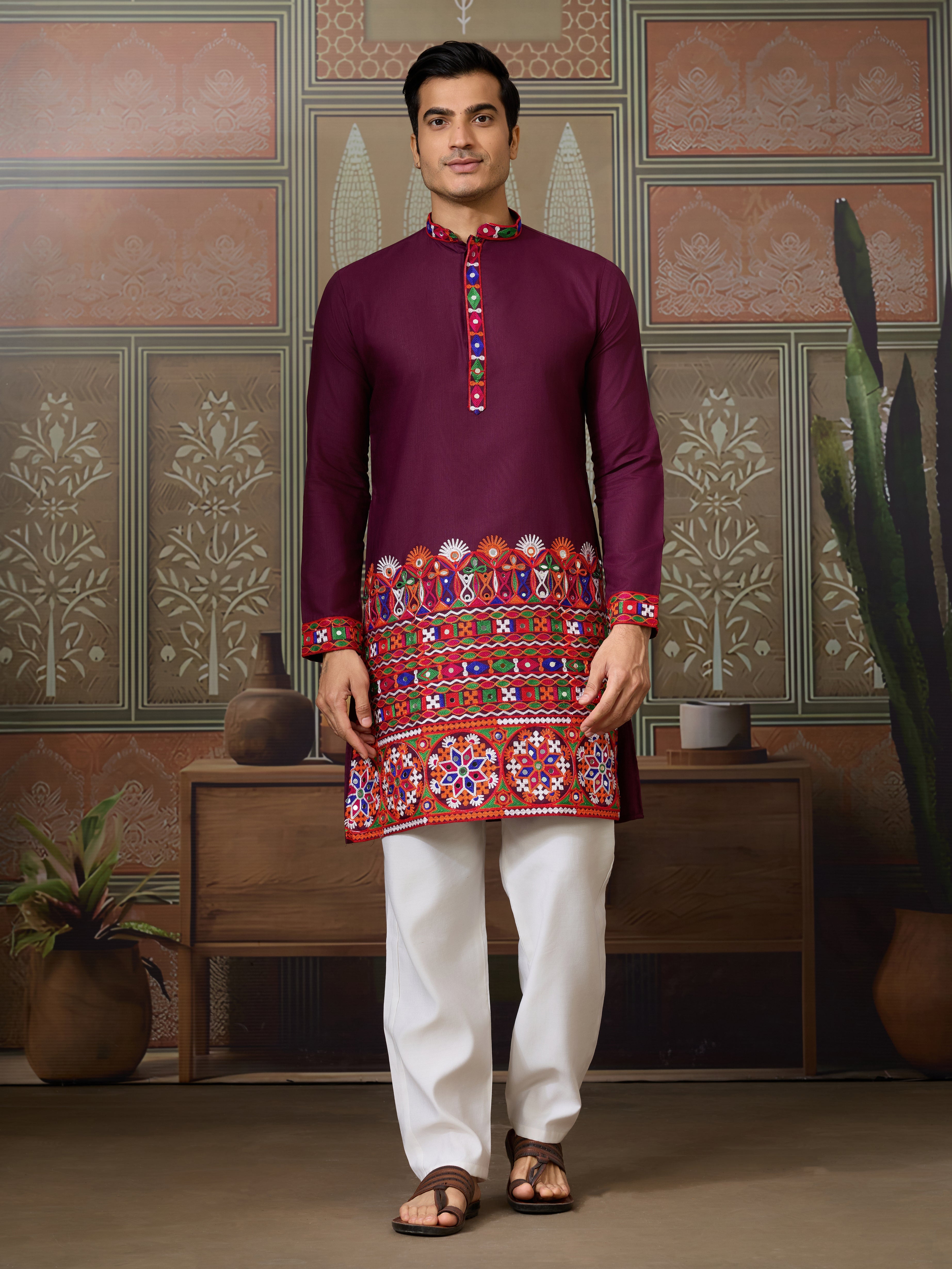 Navratri Wine Cotton Kurta for Mens with Pajama
