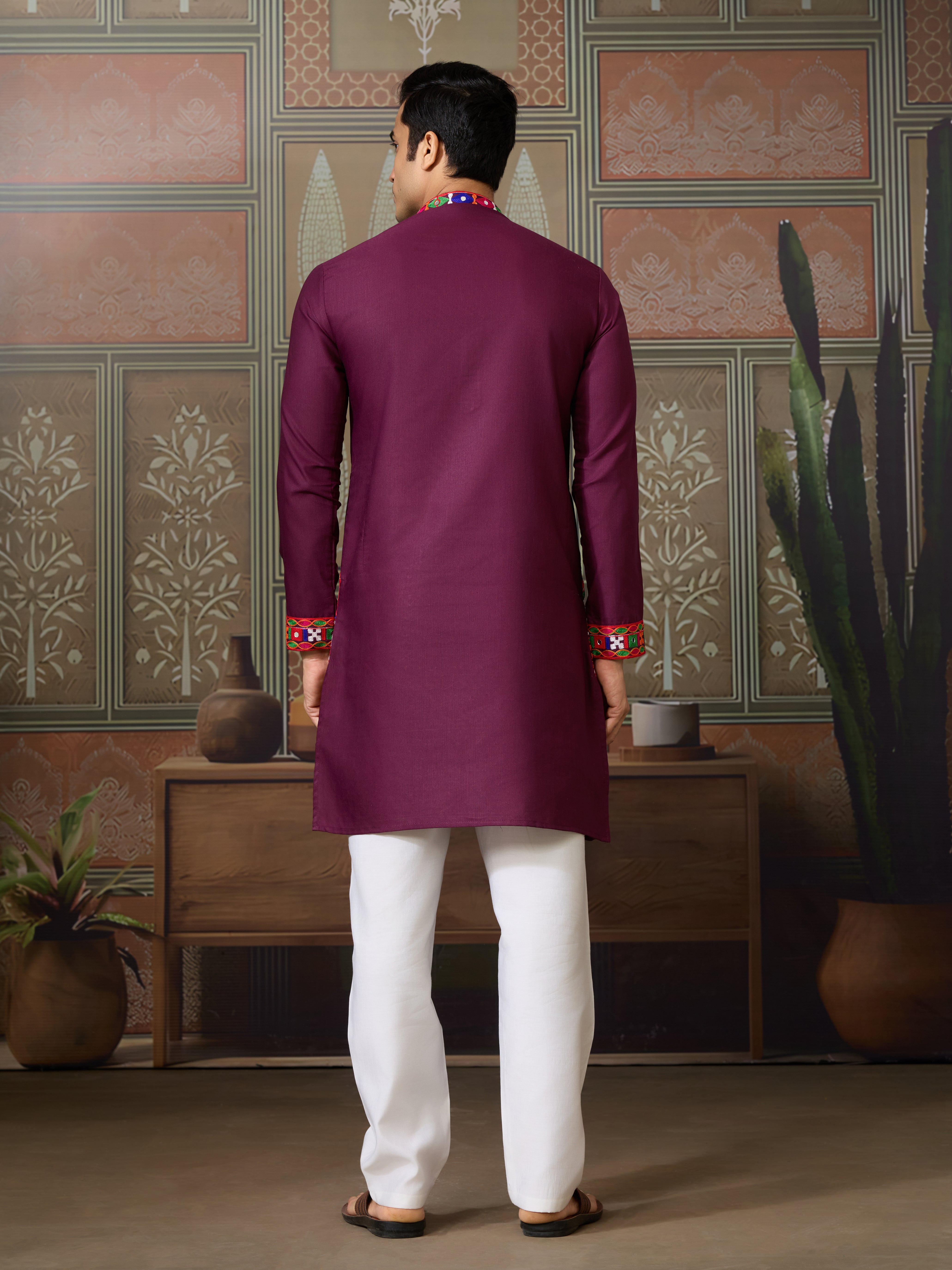 Navratri Wine Cotton Kurta for Mens with Pajama

