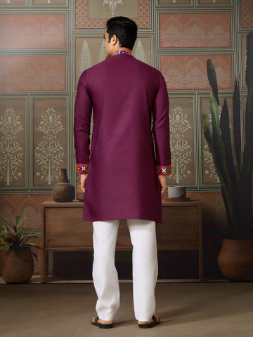 Navratri Wine Cotton Kurta for Mens with Pajama
