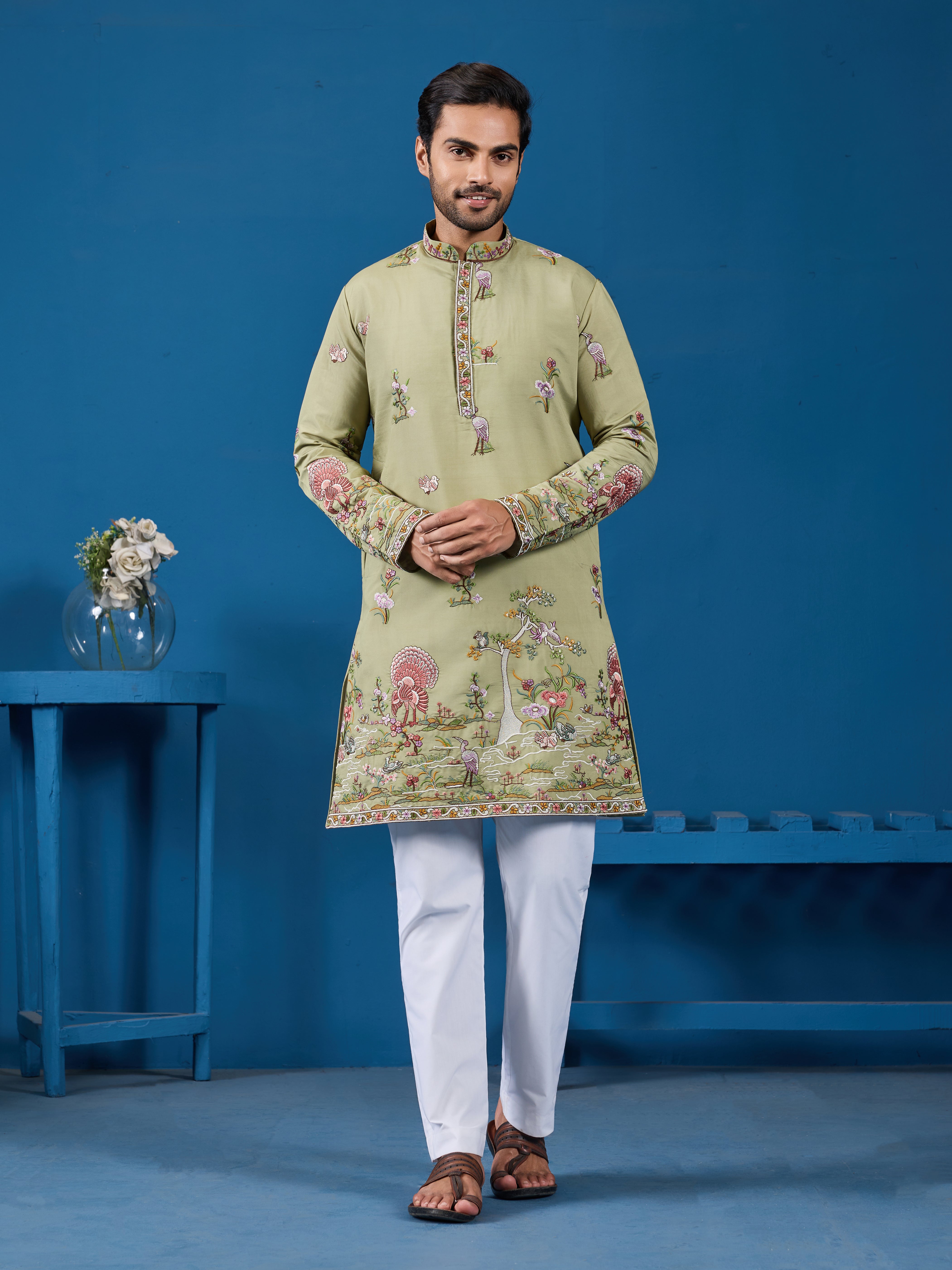 Traditional Pista Green Embroidered Kurta for Men