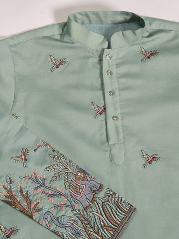 Embroidered Pista Green Wedding Kurta for Mens