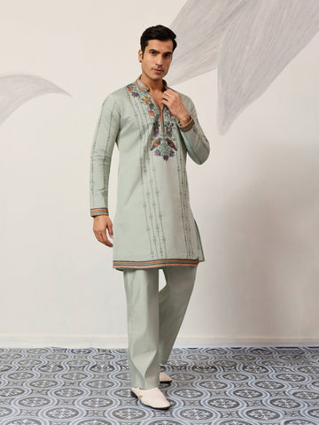 Ethnic Pista V Neck Kurta Pant Set for Mens Wear