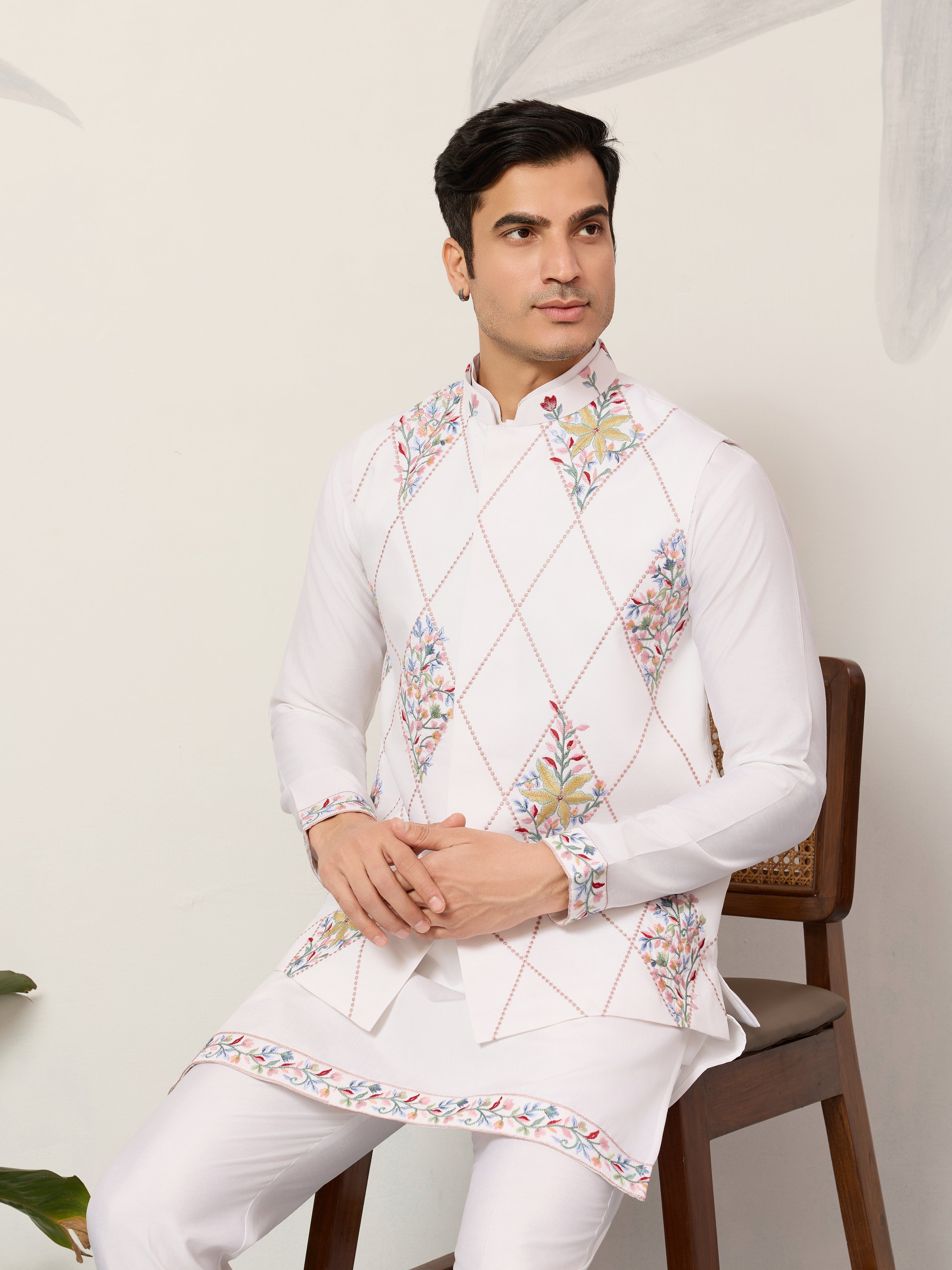 Elegant Wedding Special White Koti Kurta Pajama Set
