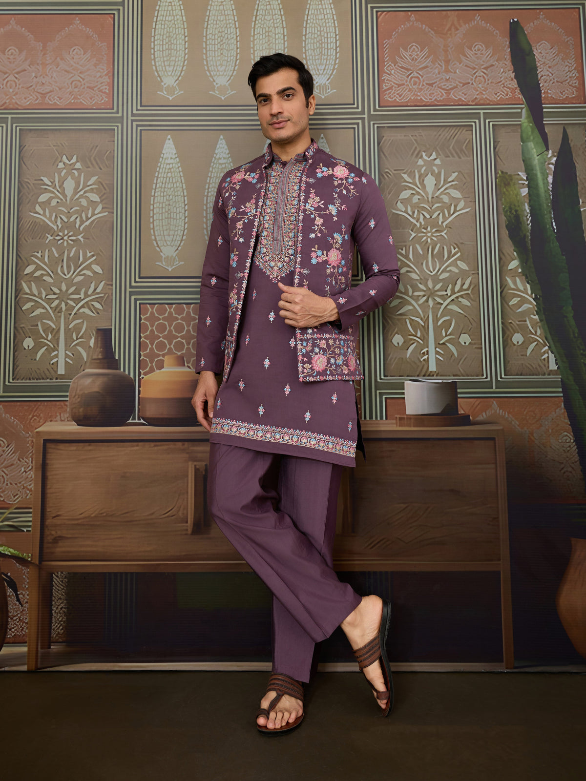 Dusty Purple Wedding Kurta with Matching Koti Set for men
