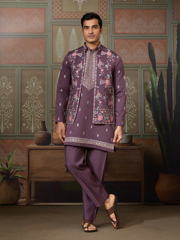 Dusty Purple Wedding Kurta with Matching Koti Set for men
