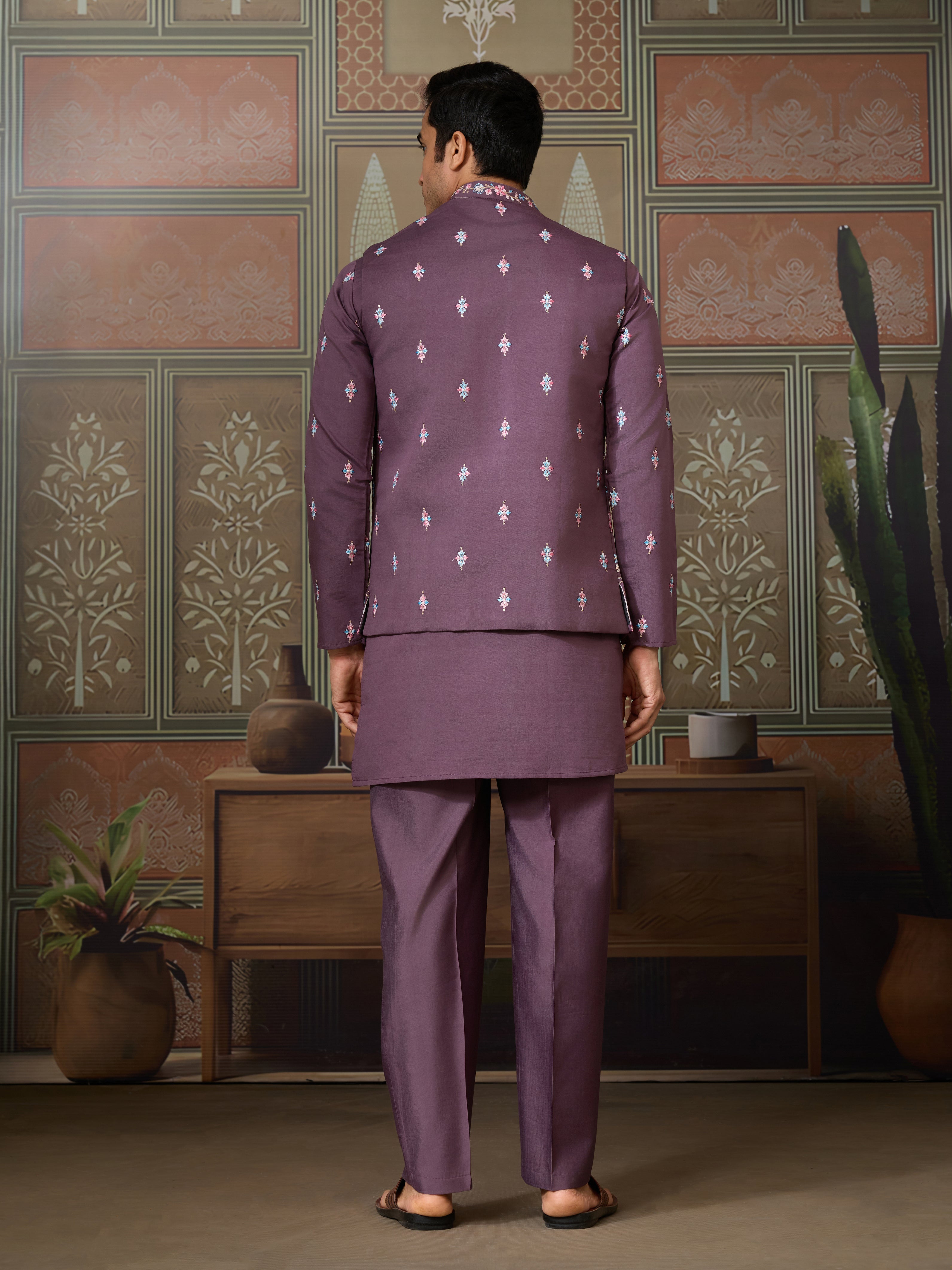 Dusty Purple Wedding Kurta with Matching Koti Set for men
