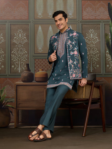 Premium Designer Rama Green Koti Kurta Pair for Men
