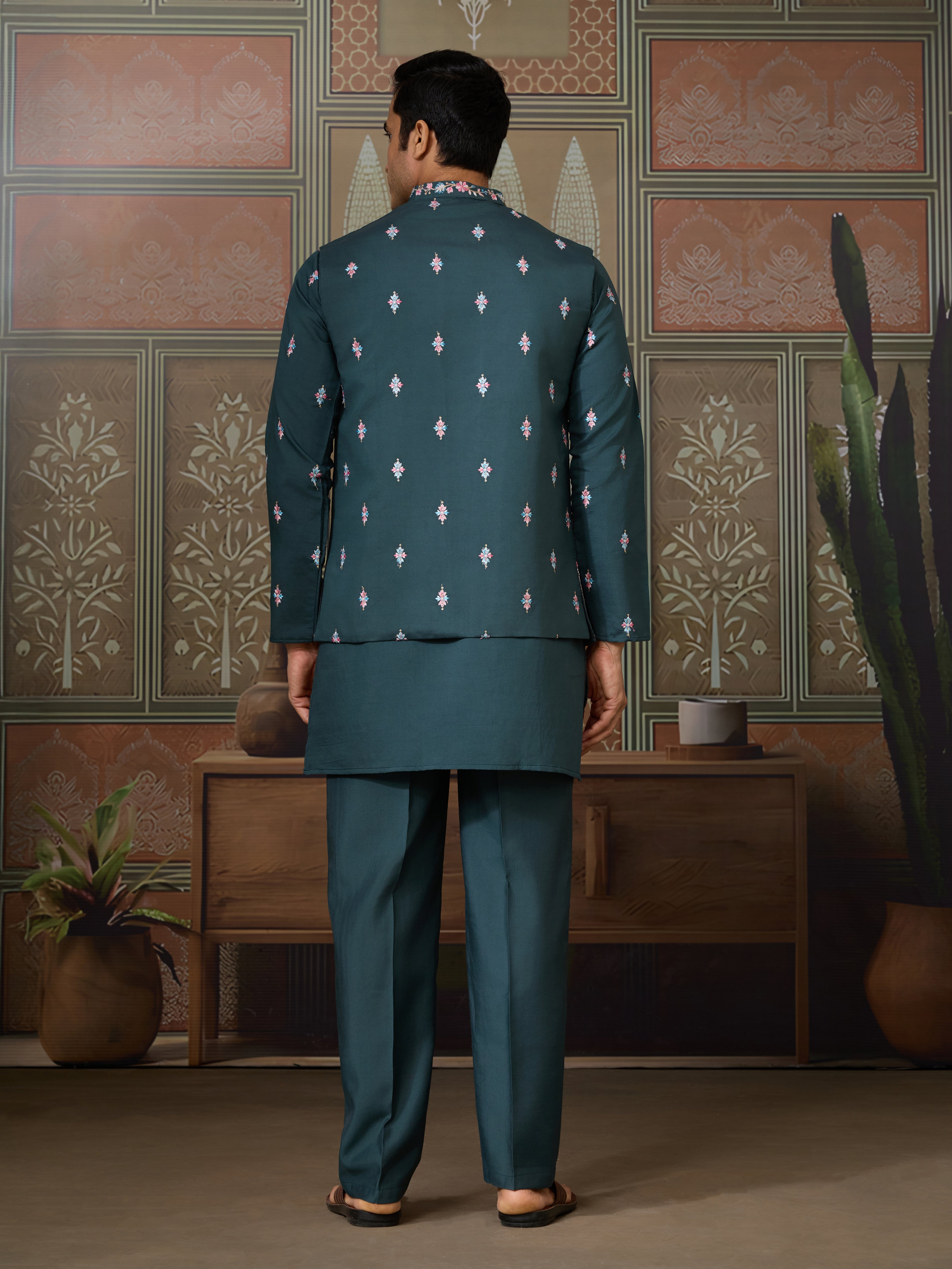 Premium Designer Rama Green Koti Kurta Pair for Men
