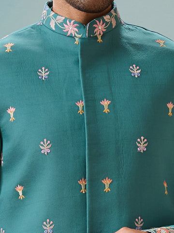 Wedding Party Outfit Rama Green Kurta Jacket Pant for Men