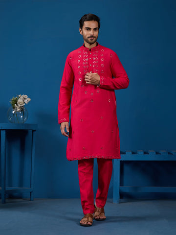 Designer Rani Mirror Embroidered Kurta for Mens Wear