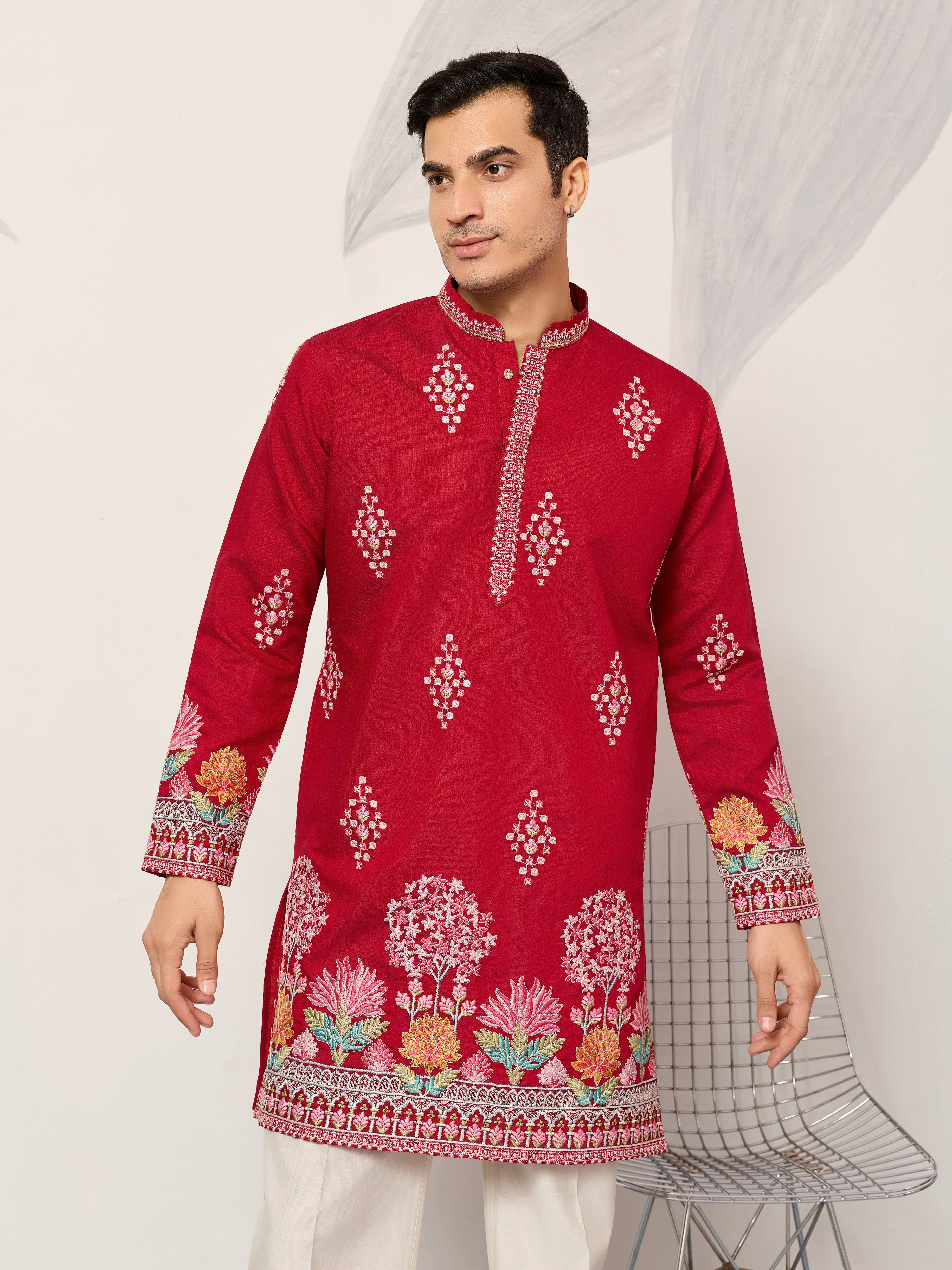 Unique Style Red Color Embroidered Kurta for Mens Wear